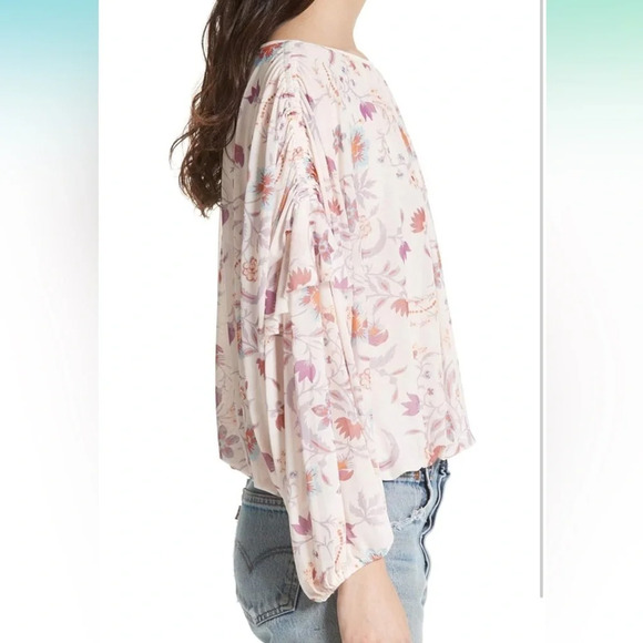 NEW Free People Boho Dusty Pink Floral Long Sheer Sleeve Pull Over Peasant top L - Picture 5 of 14